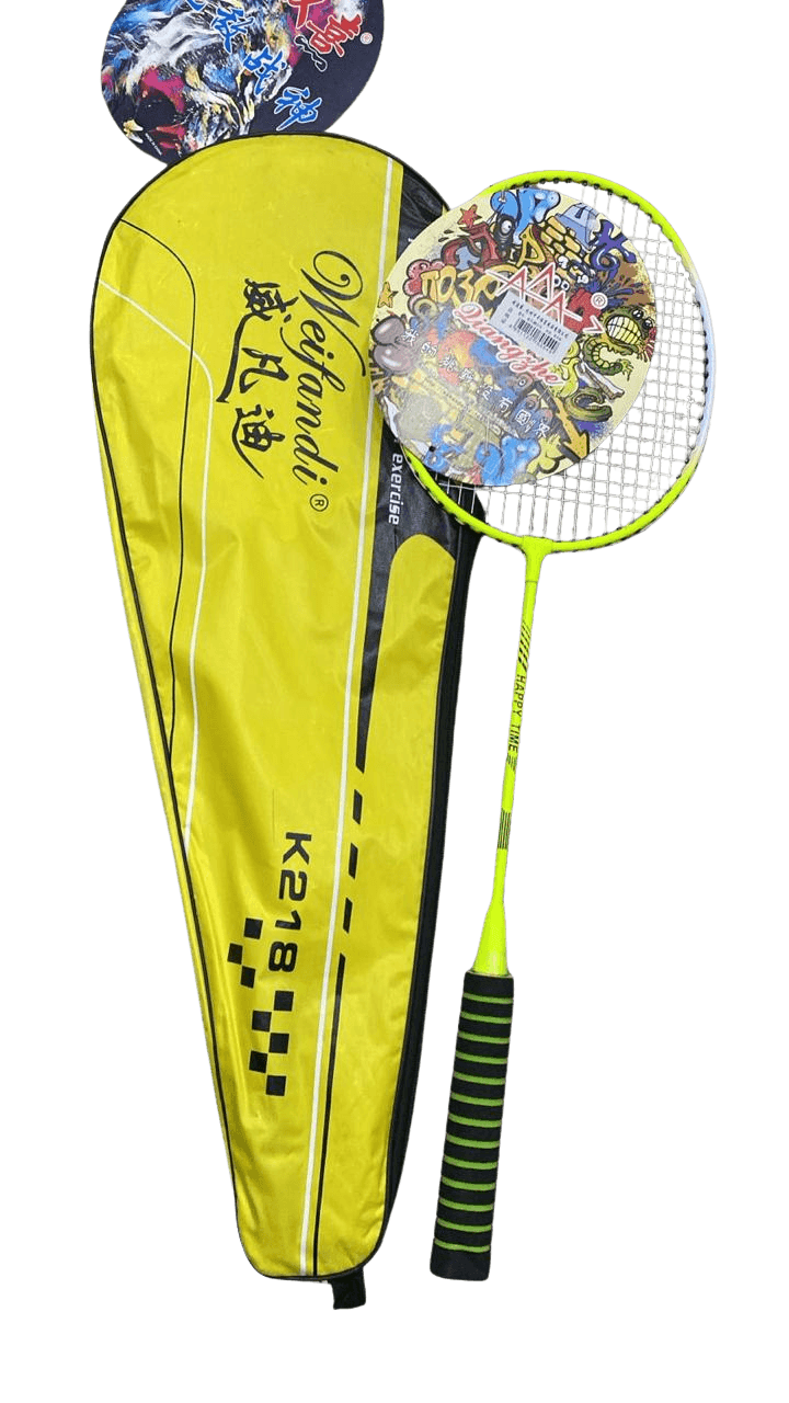 Strung badminton racket with padded geometric print cover