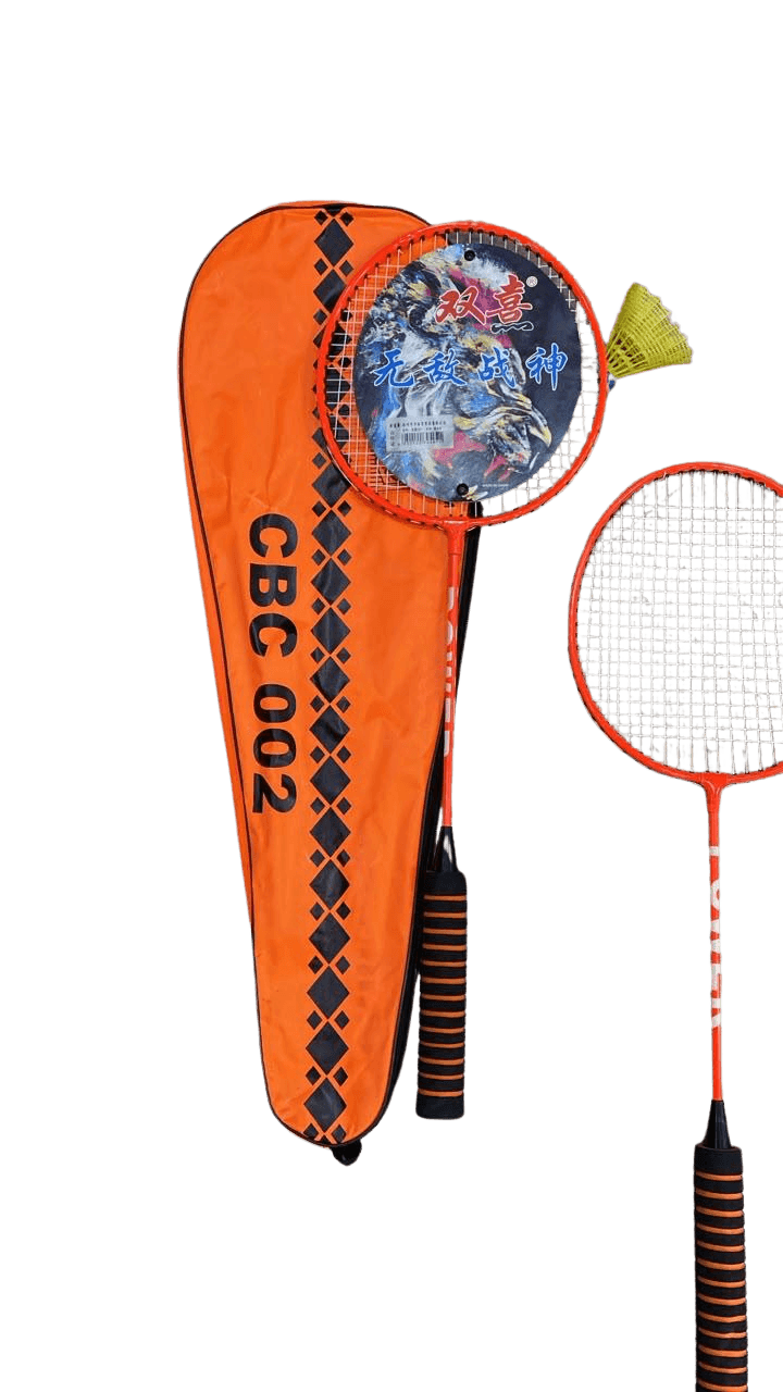 Twin badminton racket set with full-length orange zippered carry bag